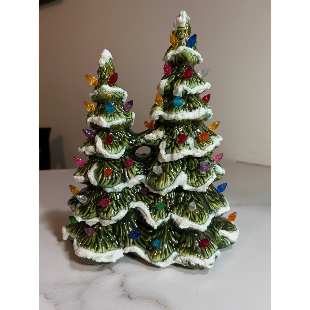 Vintage 1990 Ceramic Double Christmas Tree Snow Tipped Multi-Color Lights 8.5"
